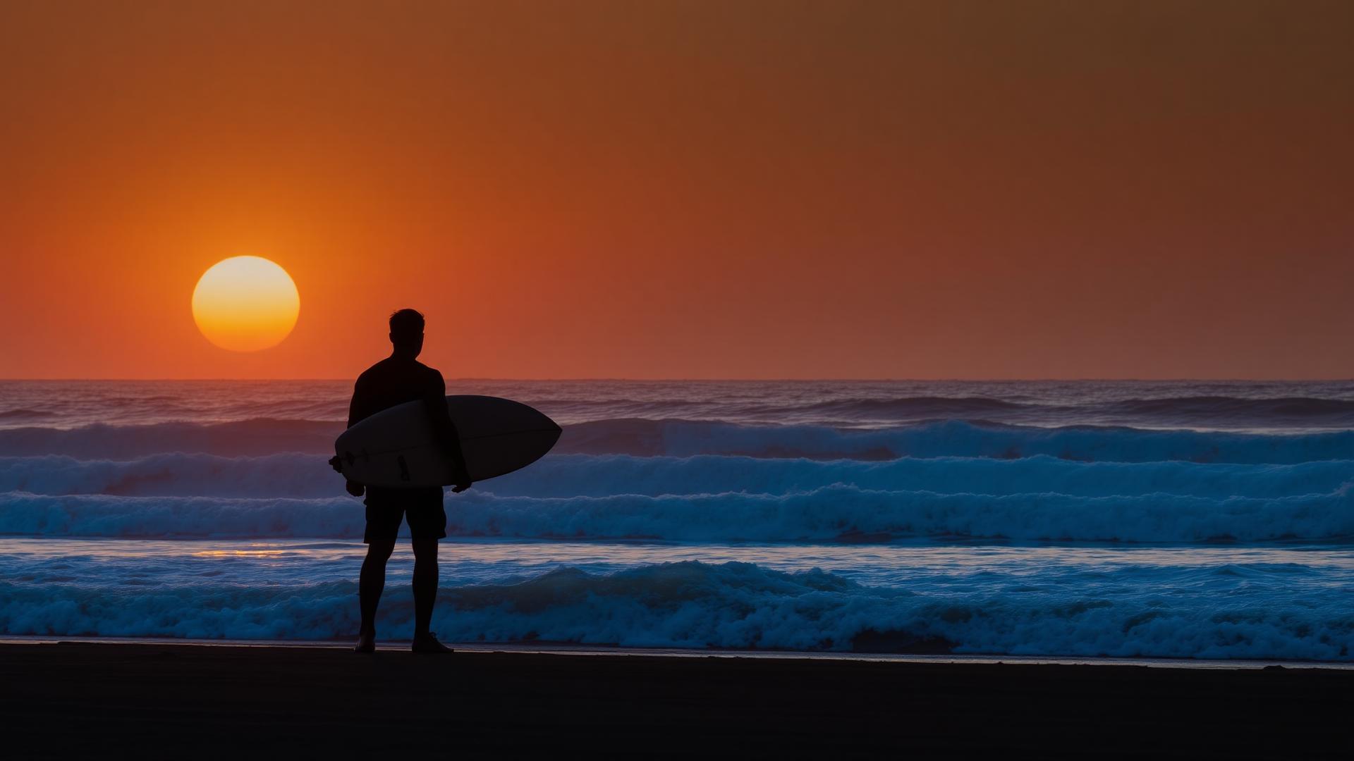 Surfeur au coucher du soleil