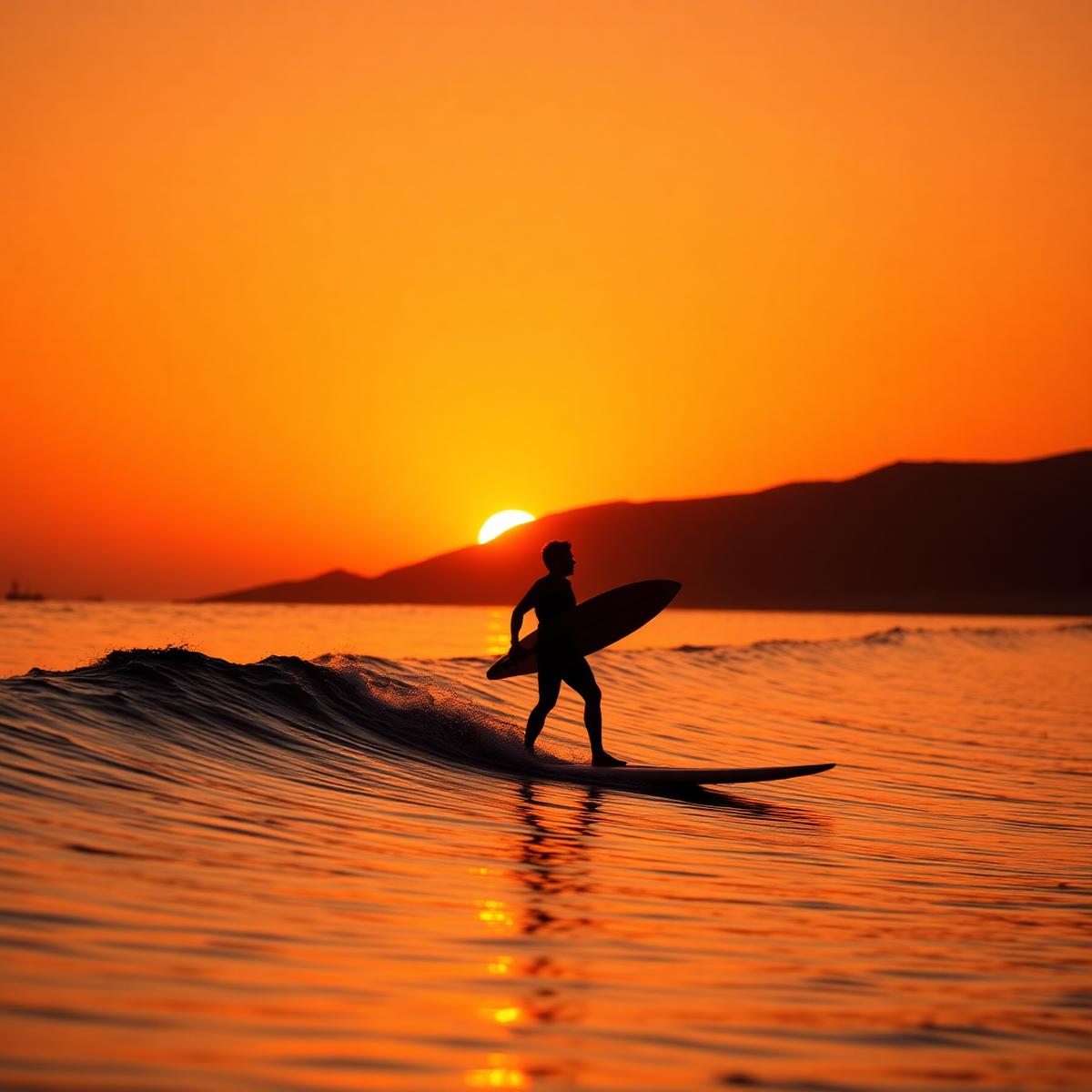 Surfeur à Agadir au coucher du soleil